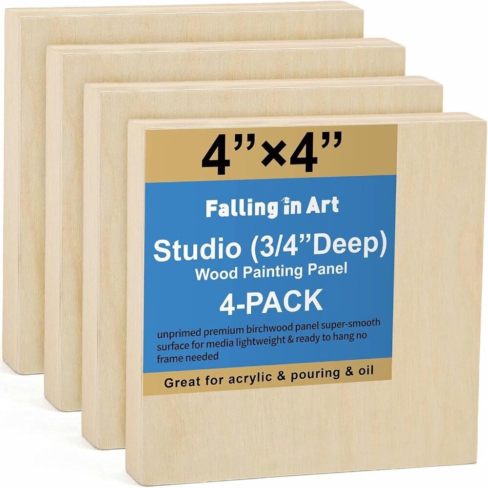 Unfinished Birch Wood Panels Kit for Painting, Wooden Canvas 4 Pack of 4x4’’ Stu